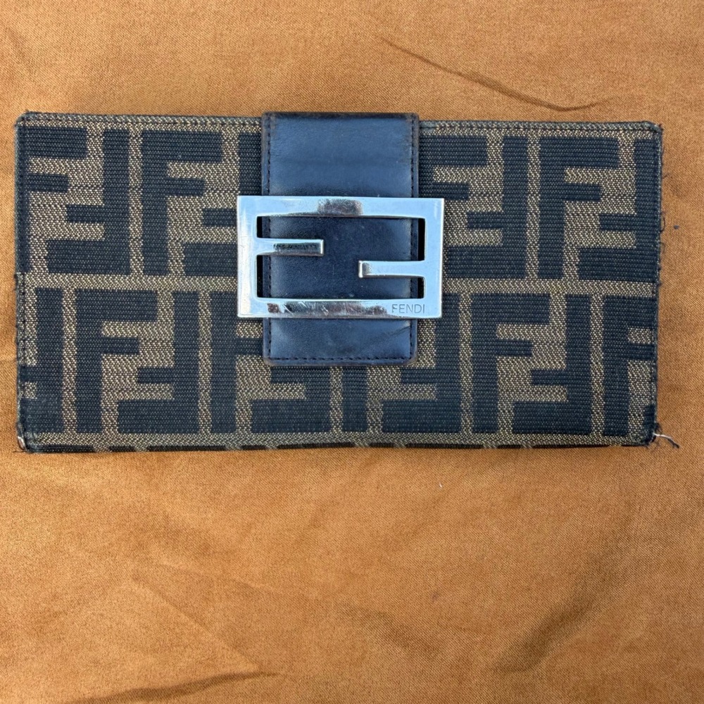 Fendi Zucca Print Long Wallet Monogram FF Buckle Vintage Brown Canvas Leather